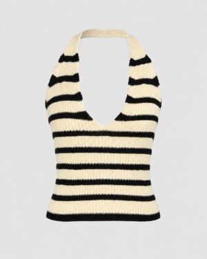 Ażurowy Crop Top Dzianinowy z Dekoltem V