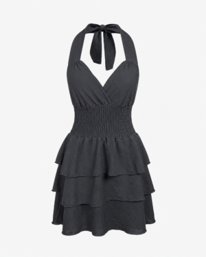 Sukienka Mini Halter z Marszczoną Talią i Falbanami
