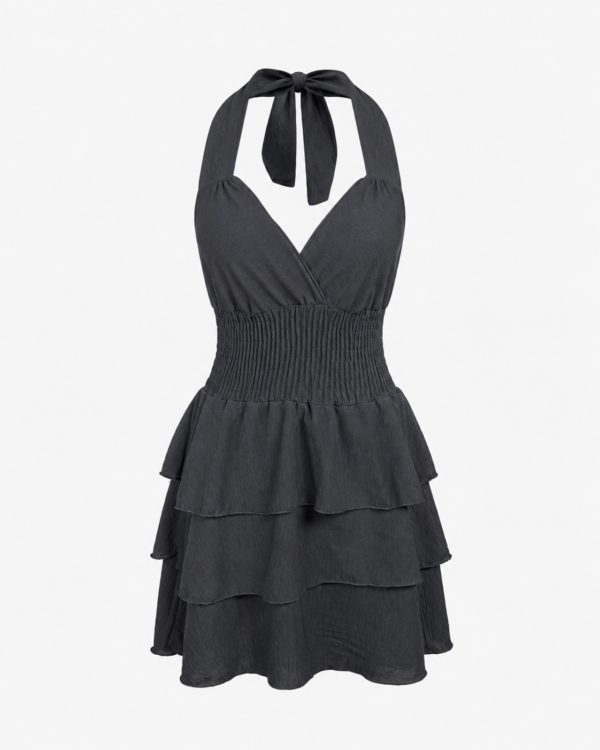 Sukienka Mini Halter z Marszczoną Talią i Falbanami